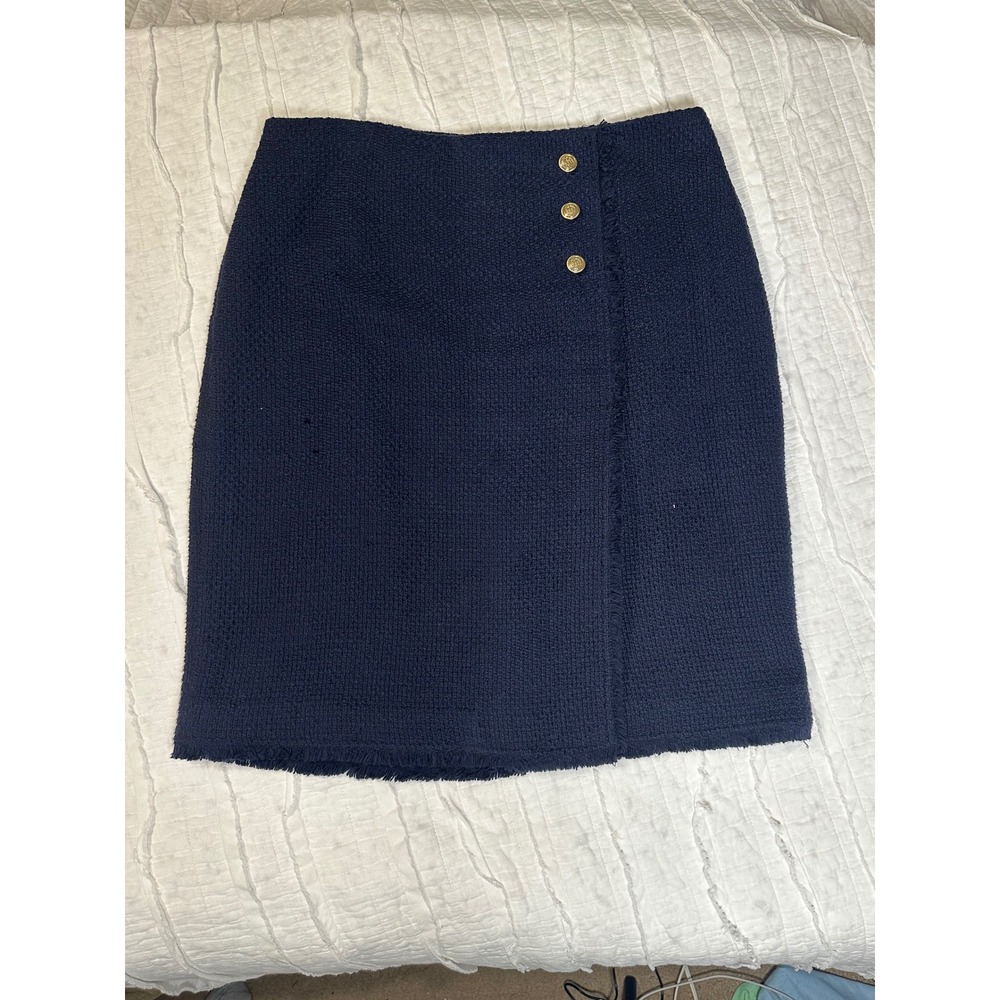 Talbots Navy Tweed Fringed Mini Skirt Gold Crest Buttons Size 12 Preppy Office